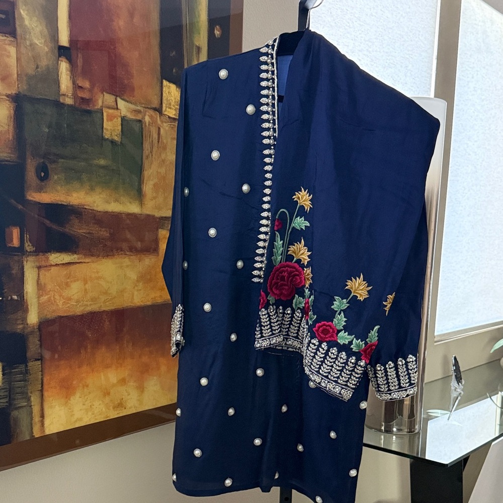 Embroidered Navy Blue Shawl with Floral Design